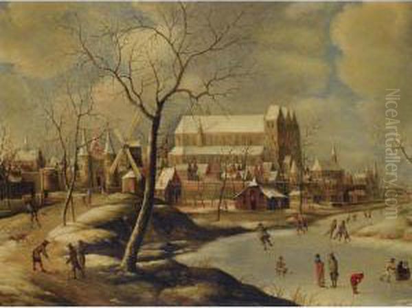 Winter Cityscape With Ice-skaters And Golfers Oil Painting by Jan Abrahamsz. Beerstraaten