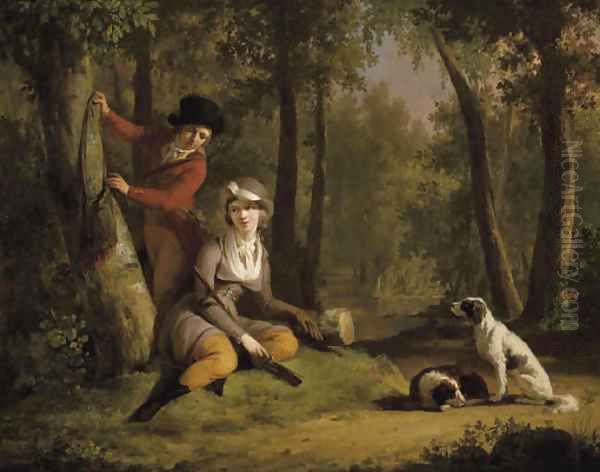 An elegant couple out hunting with their dogs Oil Painting by Mathieu Ignace van Bree