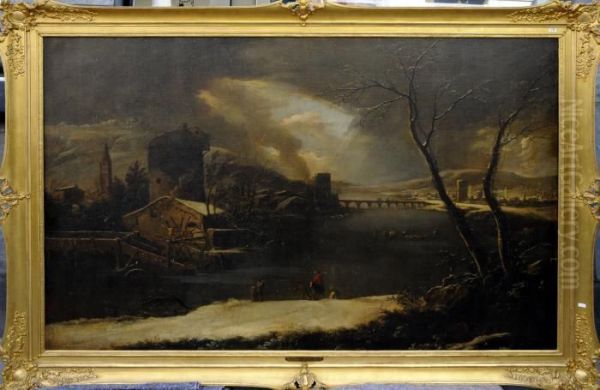 Paysage D'hiver Anime De Patineurs Sur La Riviere Gelee Oil Painting by Jan Abrahamsz. Beerstraaten