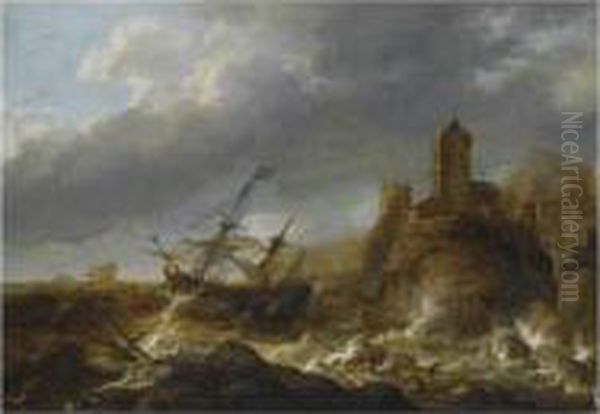 Tempete En Mer Pres D'une Cote Rocheuse Surmontee D'une Ville Fortifiee Oil Painting by Jan Abrahamsz. Beerstraaten