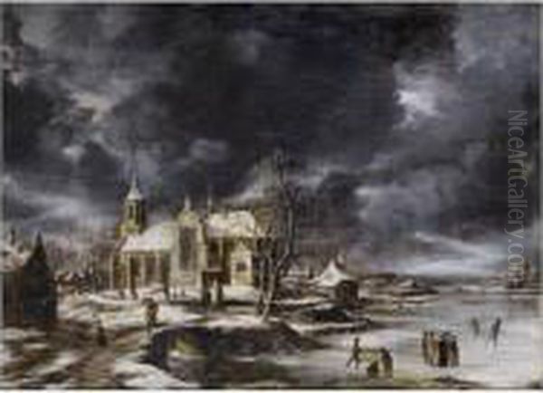 Paysage D'hiver Anime De Patineurs Sur Une Riviere Gelee, Pres D'une Eglise Oil Painting by Jan Abrahamsz. Beerstraaten