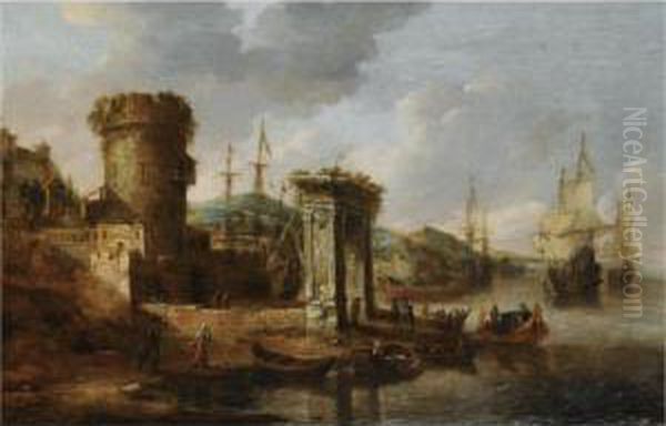 A Capriccio Of A Mediterranean Harbour With Elegant Figures Embarking A Boat Oil Painting by Jan Abrahamsz. Beerstraaten