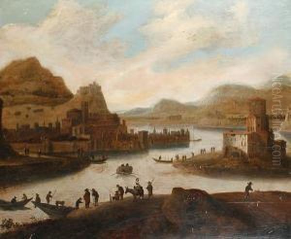 Figures Crossing An Estuary To A Town Oil Painting by Jan Abrahamsz. Beerstraaten