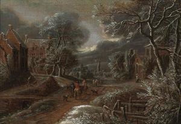 A Winter Landscape Of A Village With Figures On A Track Oil Painting by Jan Abrahamsz. Beerstraaten