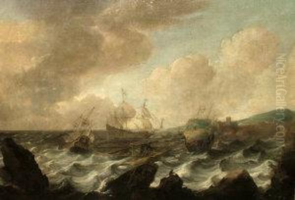 Three French Ships Attending To A Companion Vessel Being Driven Ashore In A Storm Oil Painting by Jan Abrahamsz. Beerstraaten