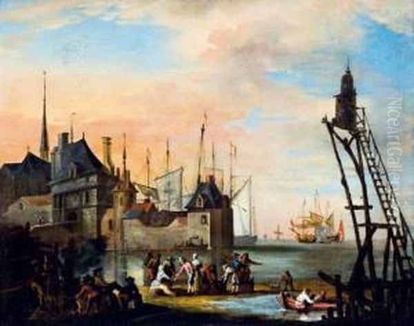 Vue D'une Ville Portuaire Animee De Nombreux Personnages Oil Painting by Jan Abrahamsz. Beerstraaten