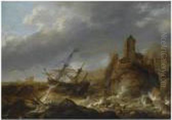 Ships In A Heavy Storm Along A 
Rocky Coast, Near A Fortifiedtown, Shipwrecked Figures In The Foreground Oil Painting by Jan Abrahamsz. Beerstraaten