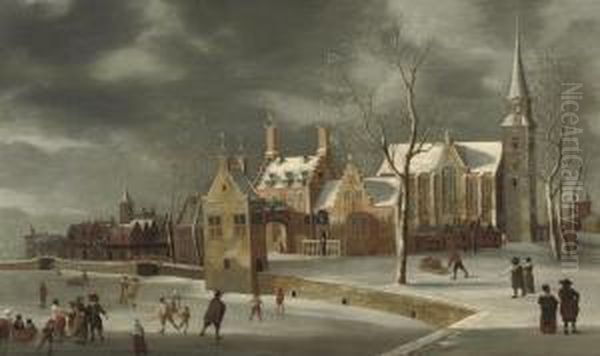 A Winter Landscape With Figures Skating On The Ice Near Atown Oil Painting by Jan Abrahamsz. Beerstraaten