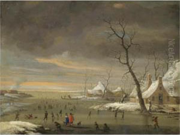 An Extensive Winter Landscape With Skaters On A Frozen River Oil Painting by Jan Abrahamsz. Beerstraaten