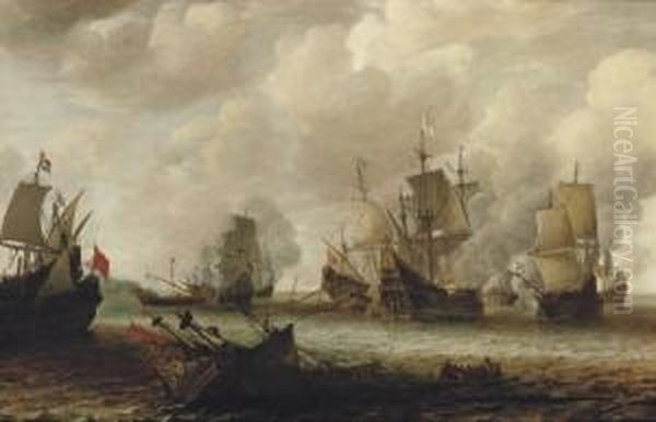 A Naval Battle Between Dutch And Spanish Men O'war Oil Painting by Jan Abrahamsz. Beerstraaten