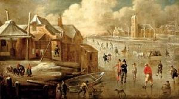 A Frozen Canal With Skaters And Men Playing 
Kolf Oil Painting by Jan Abrahamsz. Beerstraaten