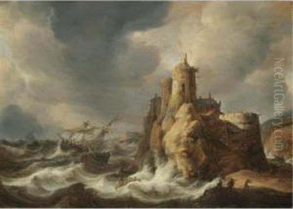 Shipping In A Storm Beneath A Clifftop Castle Oil Painting by Jan Abrahamsz. Beerstraaten