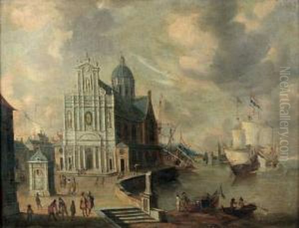 Vue Fantaisiste De L'eglise Des Jesuites Sur Le Port D'anvers Oil Painting by Jan Abrahamsz. Beerstraaten