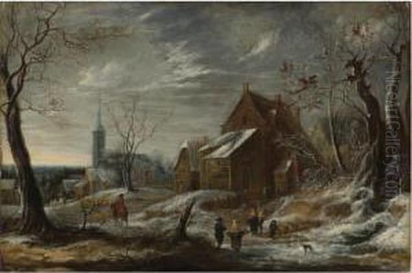 Winter Landscape With Figures And A Town In The Distance Oil Painting by Jan Abrahamsz. Beerstraaten