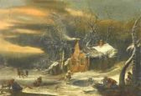 Winter Landscape With Farmers' Cottage And Abundantfigural Staffage Oil Painting by Jan Abrahamsz. Beerstraaten