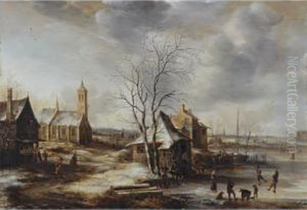 Sold By The J. Paul Getty Museum To Benefit Future Painting Acquisitions
 

 
 
 

 
 A Winter Landscape, Possibly Amerongen, With Skaters On A Frozen River And Figures Entering A Church To The Left Oil Painting by Jan Abrahamsz. Beerstraaten