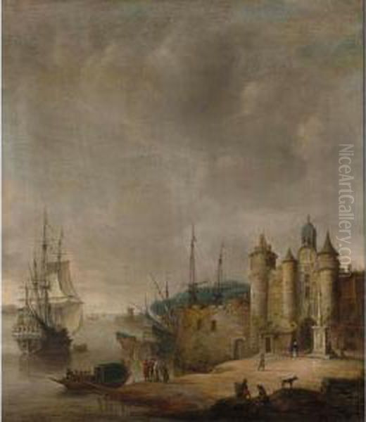 A Harbour Scene With A Man-of-war And Other Shipping, Figures Conversing On The Shore Oil Painting by Jan Abrahamsz. Beerstraaten