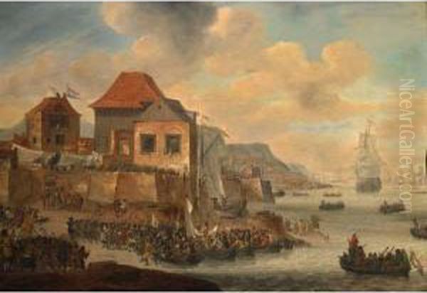 A Coastal Scene Said To Be The 
Landing At Sheerness On The Thames Of Michiel Adriaensz. De Ruyter And 
Troops During The Trip To Chatham (19-23 June 1667) Oil Painting by Jan Abrahamsz. Beerstraaten