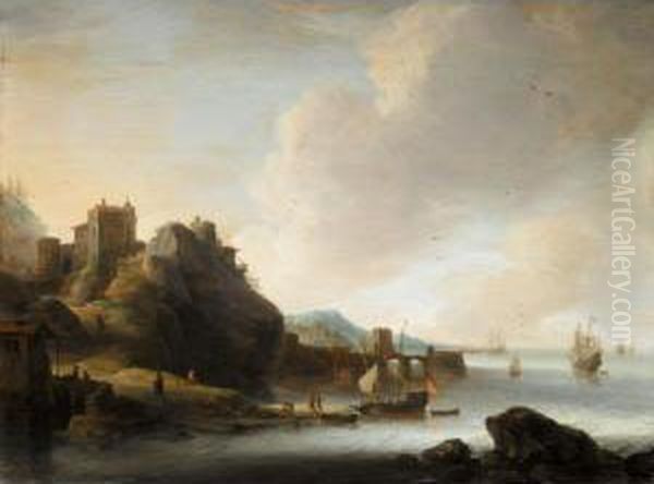 A Coastal Landscape With Figures Before A Fort, Shipping Off The Coast Oil Painting by Jan Abrahamsz. Beerstraaten