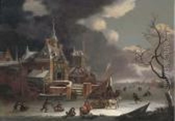 A Winter Landscape With Figures 
Skating And Sleighing On Frozenwater A Towngate In The Distance Oil Painting by Jan Abrahamsz. Beerstraaten