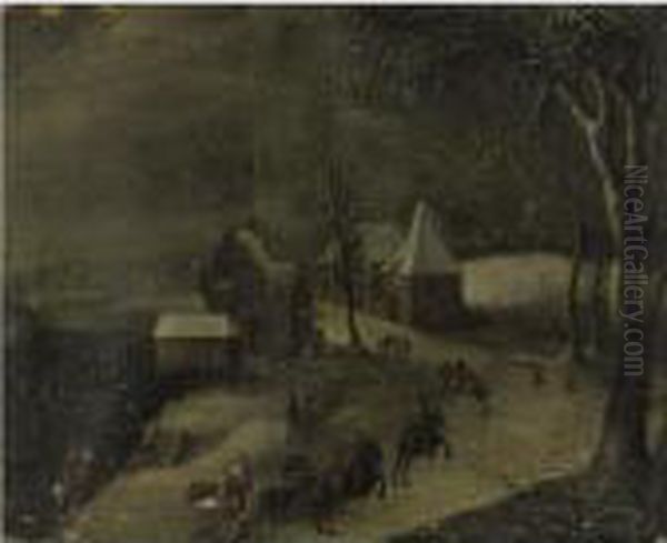 A Village In Winter With Townfolk And Riders In The Foreground Oil Painting by Jan Abrahamsz. Beerstraaten