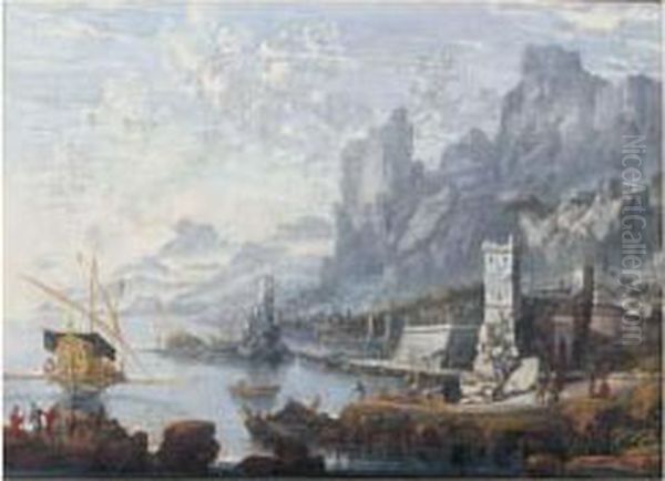 Cote Avec Pecheurs Et Vaisseau Sur Fond De Hautes Montagnes. Oil Painting by Jan Abrahamsz. Beerstraaten