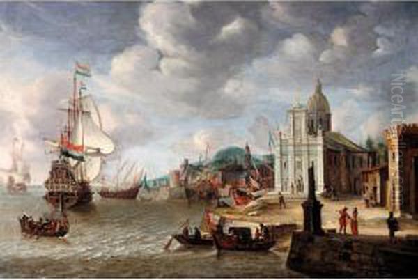 A Mediterranean Harbour Scene With A Dutch Man-o-war Oil Painting by Jan Abrahamsz. Beerstraaten