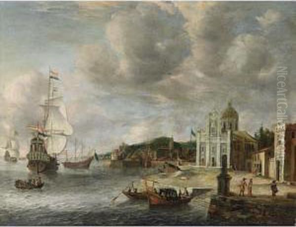 An Italianate Harbour Scene With
 Dutch Men-o'-war Moored, Yaughts And Rowing Boats Near The Quay, 
Figures Walking On A Square Near A Church Oil Painting by Jan Abrahamsz. Beerstraaten