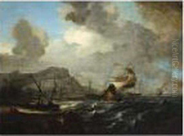 A View Of A Bay With Dutch East 
Indiamen And Other Sailing Vessels On A Stormy Sea, Fishing Boats 
Moored On The Beach Oil Painting by Jan Abrahamsz. Beerstraaten