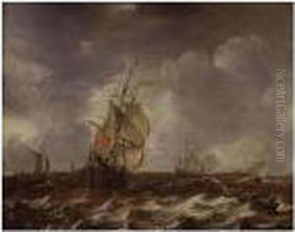 Warships And Other Small Craft In An Estuary Oil Painting by Jan Abrahamsz. Beerstraaten