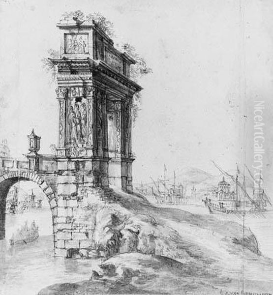 A Bridge With A Classical Arch By A Mediterranean Harbour With Shipping Beyond Oil Painting by Jan Abrahamsz. Beerstraaten