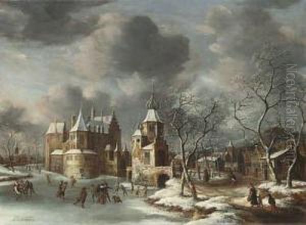 A Village In Winter With Figures Skating On A Frozen River Oil Painting by Jan Abrahamsz. Beerstraaten