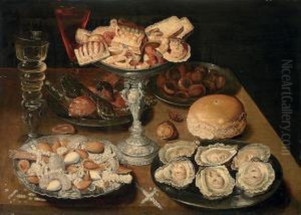 A Silver Tazza Of Sweetmeats, 
Pewter Platters Of Oysters, Almonds, Figs And Two Roemers Of Wine On A 
Table Oil Painting by Osias, the Elder Beert