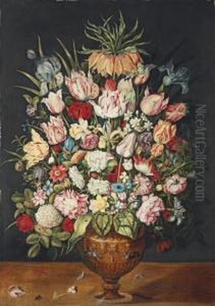 Tulips, Roses, A Chrysanthemum And Other Flowers In A Sculpted Bronze Urn Oil Painting by Osias, the Elder Beert