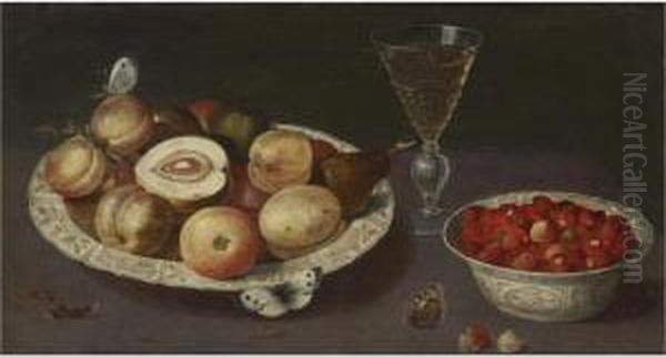 Still Life Of Peaches, Pears And
 Strawberries In Blue And White Porcelain Bowls With A Glass Of Wine And
 Butterflies Oil Painting by Osias, the Elder Beert