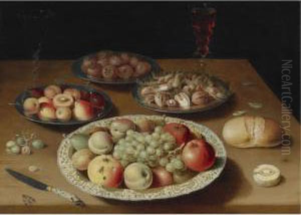 Still Life On A Plain Wooden Table: A Large Wanli Porcelain Dish Of Fruit Oil Painting by Osias, the Elder Beert