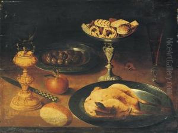 A Roasted Chicken, A 'facon De 
Venise' Glass Of Red Wine,sweetmeats On A Silver 'tazza', Olives On A 
Pewter Plate, And A'roemer' On A Stand, All On A Ledge Oil Painting by Osias, the Elder Beert