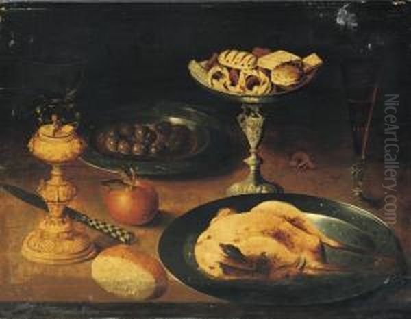 A Roasted Chicken, A 'facon De 
Venise' Of Red Wine, Sweetmeats On Asilver 'tazza', Olives On A Pewter 
Plate, And A 'roemer' On Astand, All On A Ledge Oil Painting by Osias, the Elder Beert