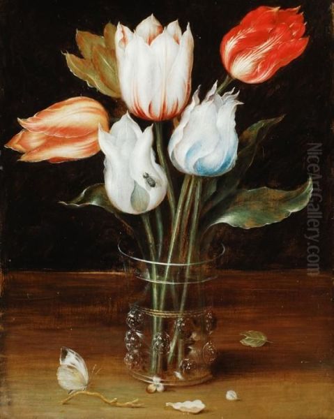 Blumenstillleben Mit Funf Tulpen In Einem Grenoppten Glasbecher Mit Schmetterling Oil Painting by Osias, the Elder Beert