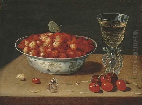 Fraises Dans Un Plat, Cerises Et Verre De Vin Sur Un Entablement Oil Painting by Osias, the Elder Beert