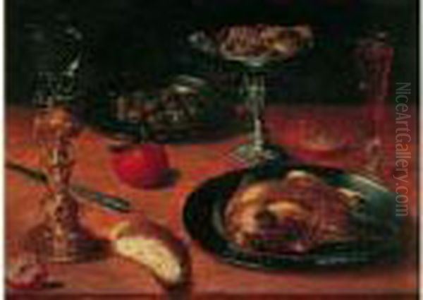 Nature Morte Aux Verre Monte, 
Volaille, Plats D'olives Et De Confiseries Sur Un Entablement Oil Painting by Osias, the Elder Beert