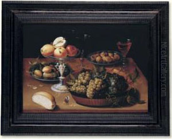 Grapes In A Dish, Apples In A 
Silver Tazza, Hazelnuts And Medlars On Pewter Plates, Glasses And A 
Bread Roll On A Wooden Table Oil Painting by Osias, the Elder Beert