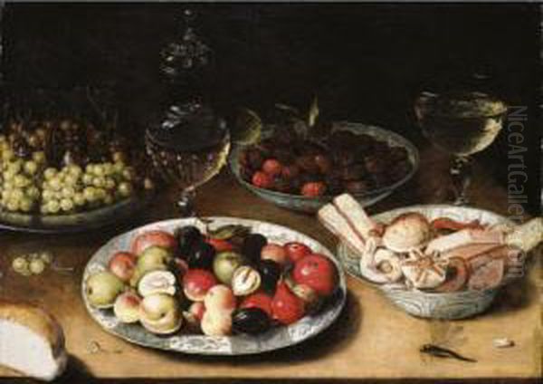 Still Life Of Plums, Nuts And 
Apples, Raspberries And Sweetmeats In Three Blue-and-white Porcelain 
Bowls, Together With Grapes On A Pewter Dish, A Facon-de-venise Oil Painting by Osias, the Elder Beert