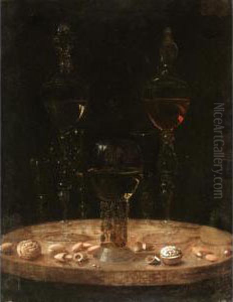 Still Life Of A Roemer With Five Wine Glasses Upon A Table Top Oil Painting by Osias, the Elder Beert