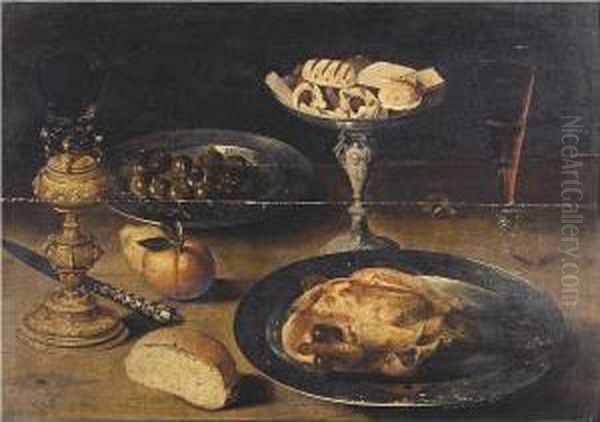 Still Life With A Roast Chicken 
On A Pewter Plate, Sweetmeats On A Tazza, A Roemer On A Gilt Stand, A 
Glass Of Wine, Olives In A Pewter Dish, A Knife, A Bread Roll And Fruit,
 All On A Table Oil Painting by Osias, the Elder Beert