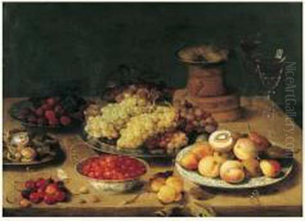 Nature Morte Aux Plats De Fruits Et Verres De Vin Sur Un Entablement Oil Painting by Osias, the Elder Beert