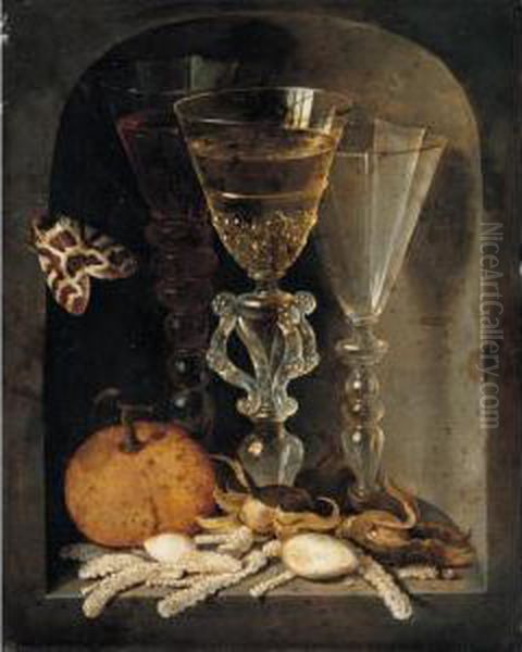 A Still Life Of Three Wine 
Glasses, An Orange, Sweetmeats, Hazelnuts And A Moth In A Stone Niche Oil Painting by Osias, the Elder Beert