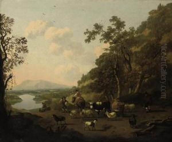 An Italianate Landscape With Drovers And Their Herds On A Track Oil Painting by Abraham Jansz Begeyn