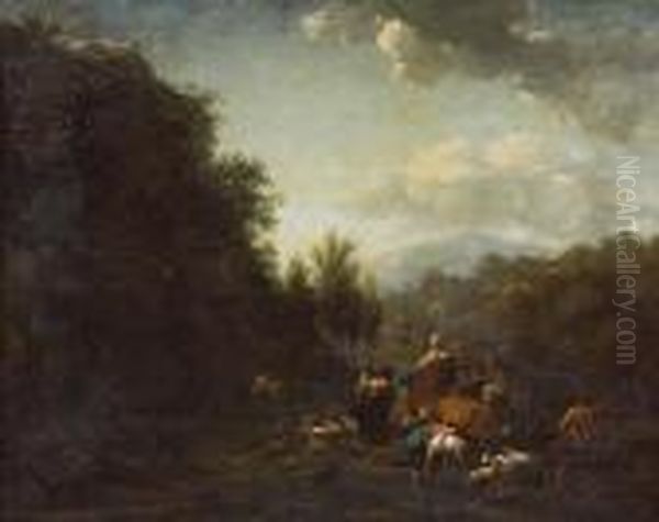 An Extensive Landscape With 
Drovers And Otherfigures With Sheep, Cattle And Goats By A Stream Oil Painting by Abraham Jansz Begeyn