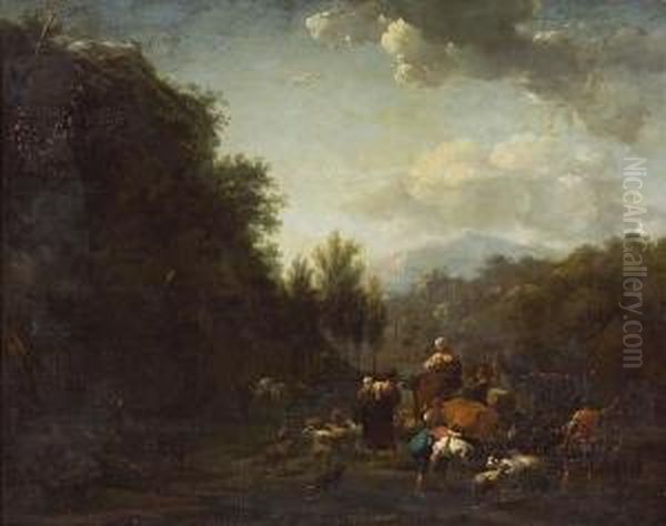 An Extensive Landscape With 
Drovers And Other Figures With Sheep, Cattle And Goats By A Stream Oil Painting by Abraham Jansz Begeyn